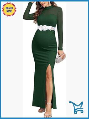 Maternity Formal Dress Long Sleeve Sheer Mesh High Neck Slit Evening Gown
